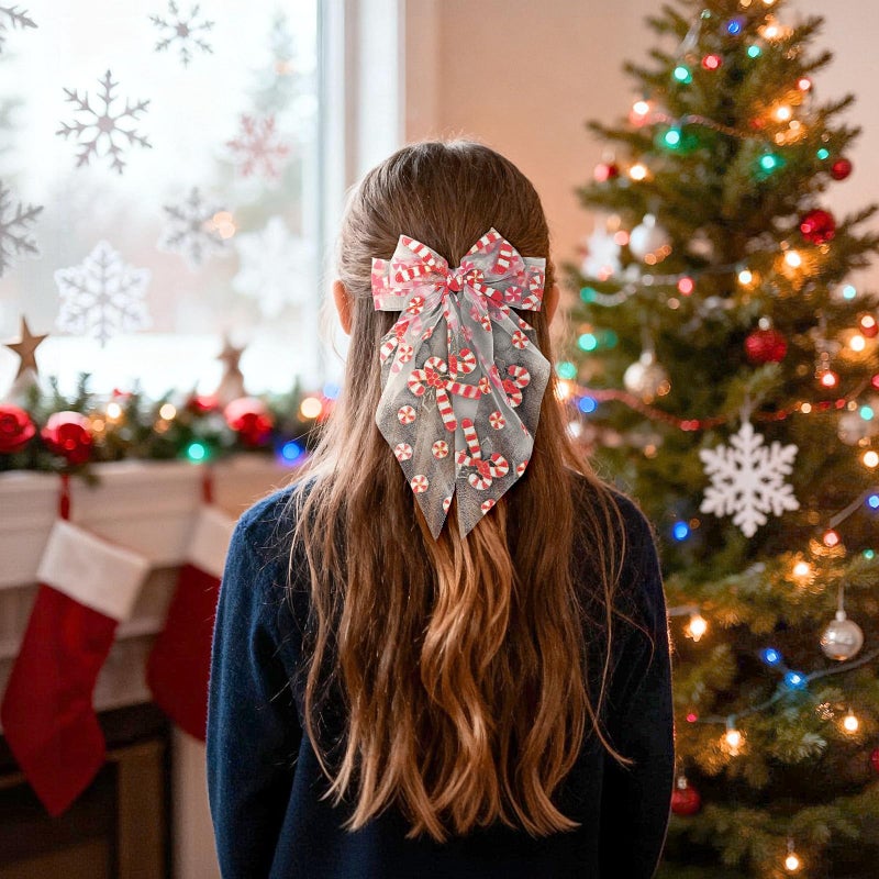 Doneace Christmas Bow Hair Clips Candy Cane Hair Bow Clip Large Bows Alligator Clips Cute Christmas Hair Accessories for Women Girls Winter Xmas Festival Party Favors - Image 3